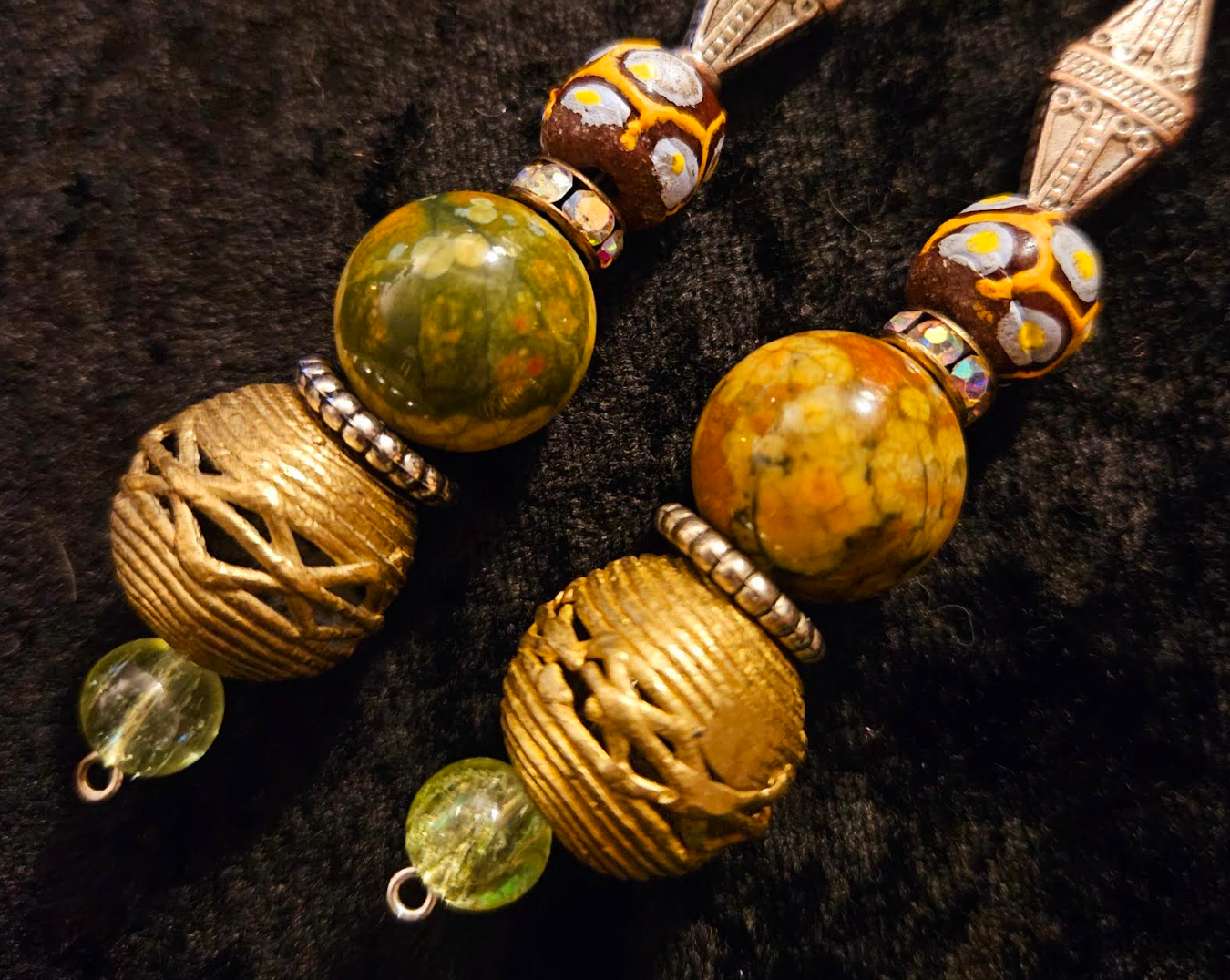 Exotic Rainforest Jasper Extra Long Pierced Earrings - Jungle Fever Beaded Shoulder Dusters - Autumn Wardrobe Ear Candy - Kat Kouture Jewelry