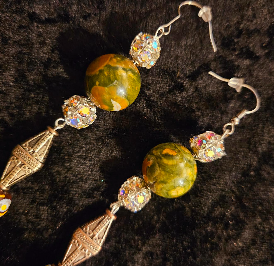 Exotic Rainforest Jasper Extra Long Pierced Earrings - Jungle Fever Beaded Shoulder Dusters - Autumn Wardrobe Ear Candy - Kat Kouture Jewelry