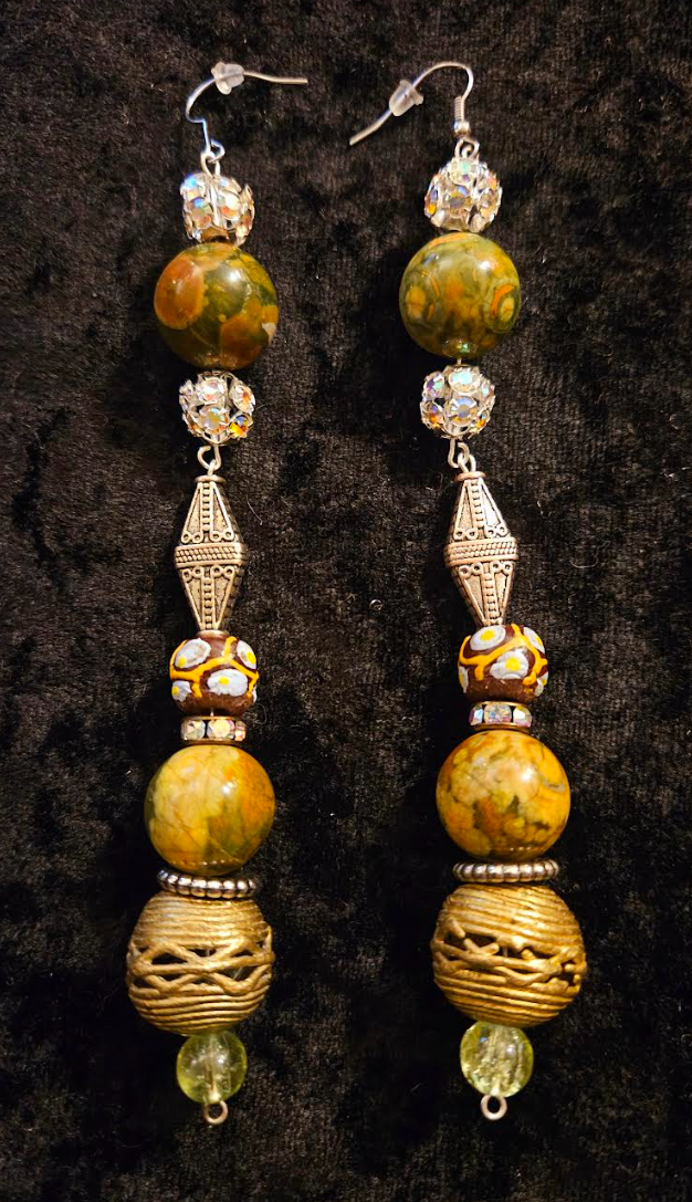 Exotic Rainforest Jasper Extra Long Pierced Earrings - Jungle Fever Beaded Shoulder Dusters - Autumn Wardrobe Ear Candy - Kat Kouture Jewelry