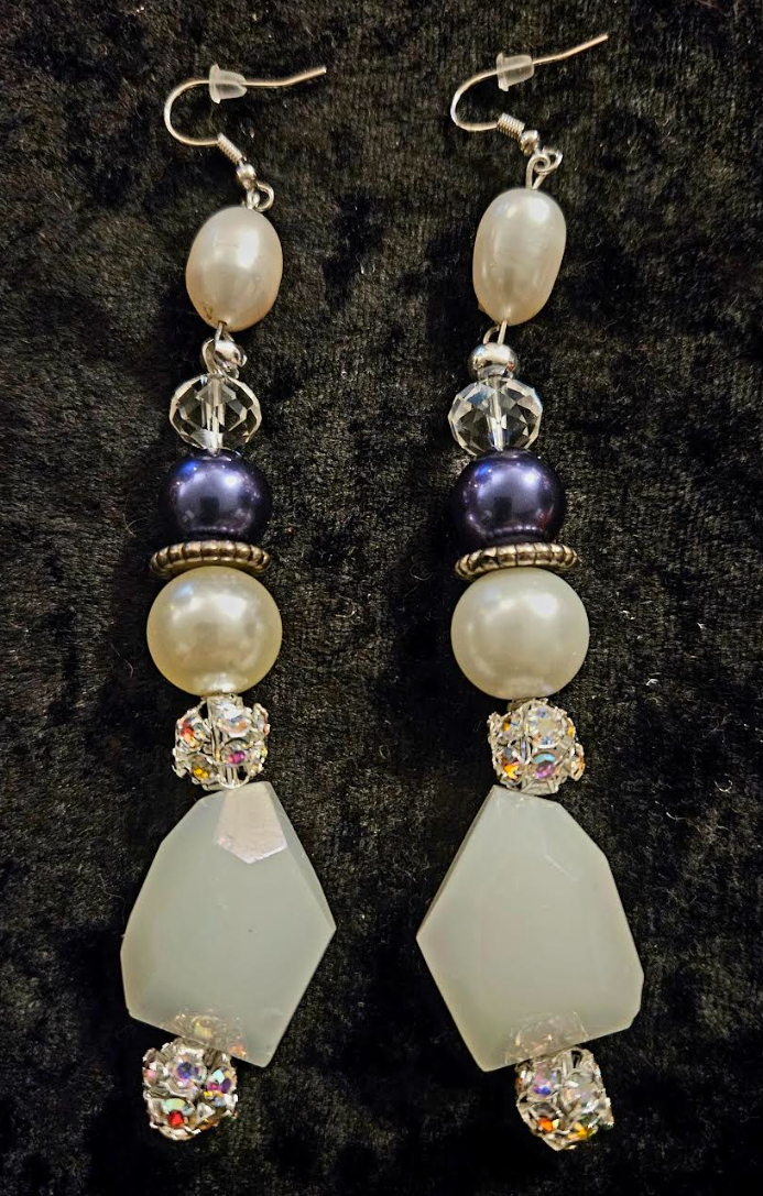 Freshwater Pearl & Faceted Glass Black White Long Pierced Earrings - Fancy Beaded Dangle Shoulder Dusters - Kat Kouture Jewelry