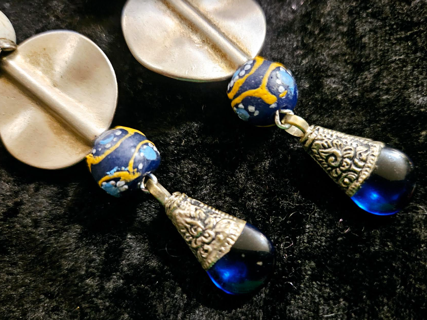 Blue Silver and White Mixed Media Tribal Shoulder Dusters - Eclectic Jeans Jewelry Pierced Earrings - Kat Kouture Jewelry