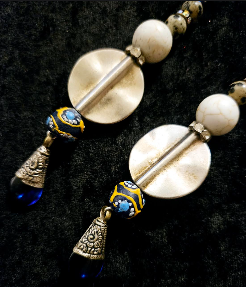 Blue Silver and White Mixed Media Tribal Shoulder Dusters - Eclectic Jeans Jewelry Pierced Earrings - Kat Kouture Jewelry