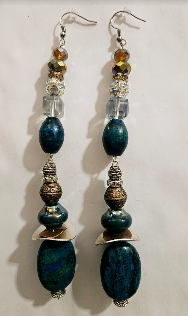 Chrysocolla Crystal & Mixed Metal Shoulder Duster Earrings - Blue Green Gemstone Extra Long Pierced Earrings - Haute Couture Runway Ready Ear Candy - Kat Kouture