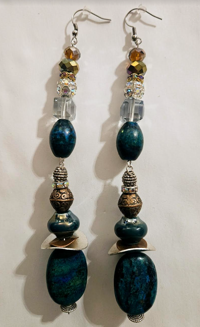 Chrysocolla Crystal & Mixed Metal Shoulder Duster Earrings - Blue Green Gemstone Extra Long Pierced Earrings - Haute Couture Runway Ready Ear Candy - Kat Kouture