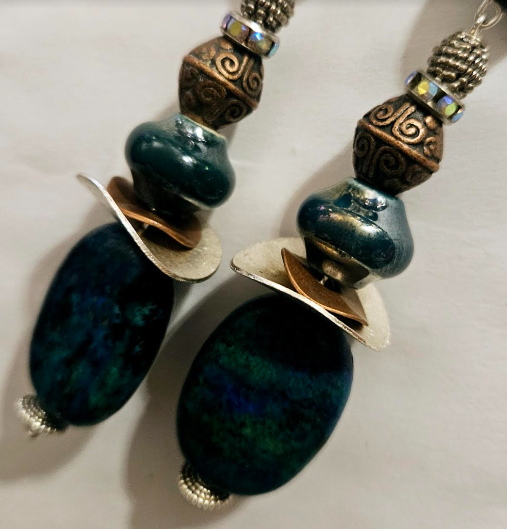 Chrysocolla Crystal & Mixed Metal Shoulder Duster Earrings - Blue Green Gemstone Extra Long Pierced Earrings - Haute Couture Runway Ready Ear Candy - Kat Kouture