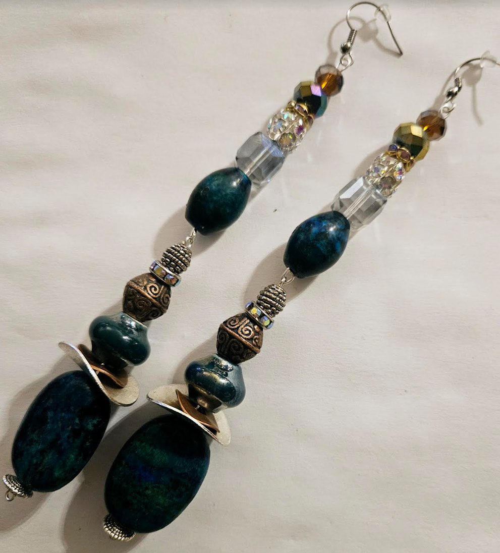 Chrysocolla Crystal & Mixed Metal Shoulder Duster Earrings - Blue Green Gemstone Extra Long Pierced Earrings - Haute Couture Runway Ready Ear Candy - Kat Kouture