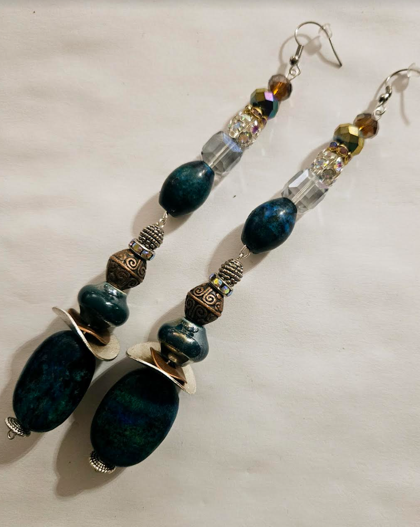 Chrysocolla Crystal & Mixed Metal Shoulder Duster Earrings - Blue Green Gemstone Extra Long Pierced Earrings - Haute Couture Runway Ready Ear Candy - Kat Kouture