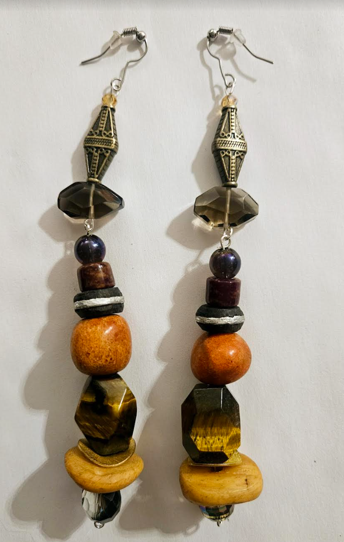 Earth Tone Mixed Media Shoulder Dusters - Exotic Wild Gemstone & Coral Long Pierced Earrings - Kat Kouture Jewelry