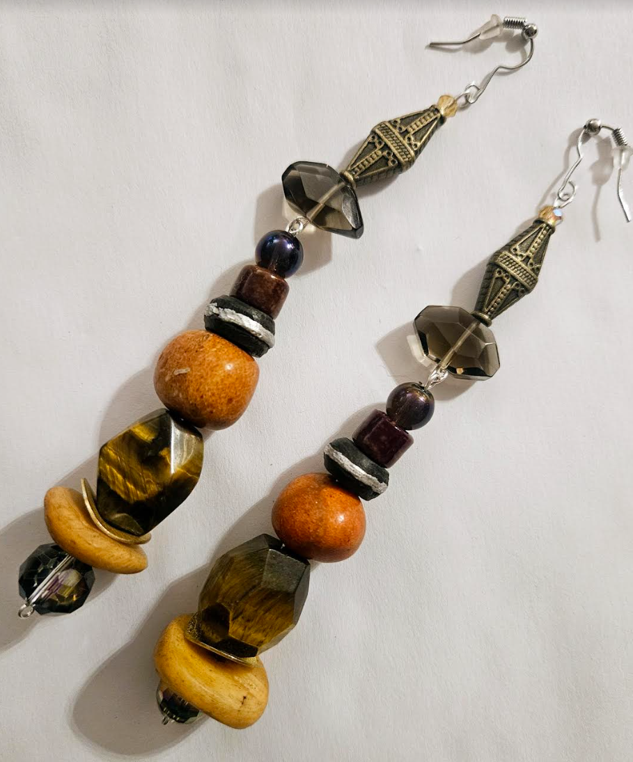 Earth Tone Mixed Media Shoulder Dusters - Exotic Wild Gemstone & Coral Long Pierced Earrings - Kat Kouture Jewelry