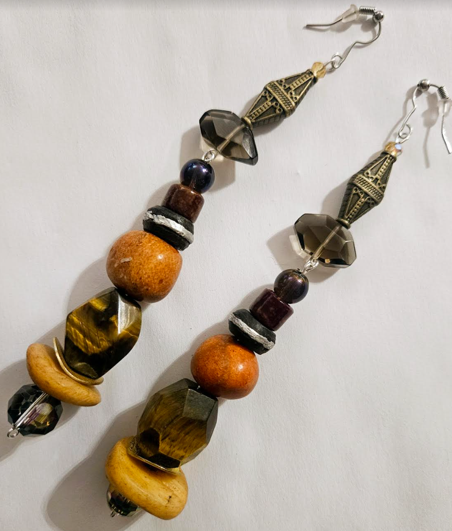 Earth Tone Mixed Media Shoulder Dusters - Exotic Wild Gemstone & Coral Long Pierced Earrings - Kat Kouture Jewelry