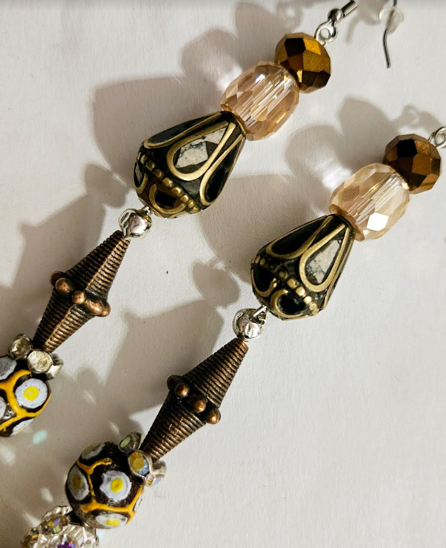 African Tibetan Tribal Inspired Shoulder Dusters - Mixed Metal Crystal & Rhinestone Earthy Pierced Earrings - Kat Kouture Jewelry - Runway Ready Ear Candy