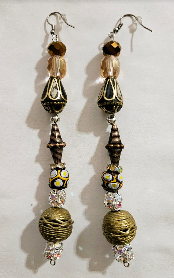 African Tibetan Tribal Inspired Shoulder Dusters - Mixed Metal Crystal & Rhinestone Earthy Pierced Earrings - Kat Kouture Jewelry - Runway Ready Ear Candy