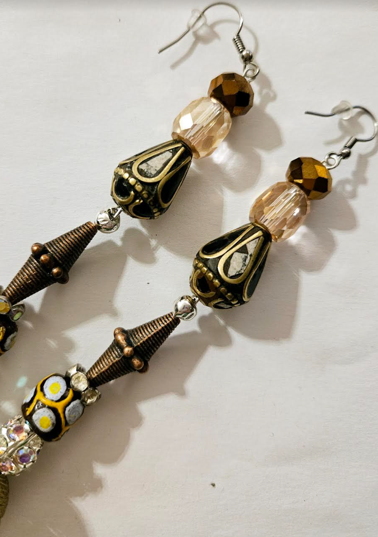 African Tibetan Tribal Inspired Shoulder Dusters - Mixed Metal Crystal & Rhinestone Earthy Pierced Earrings - Kat Kouture Jewelry - Runway Ready Ear Candy