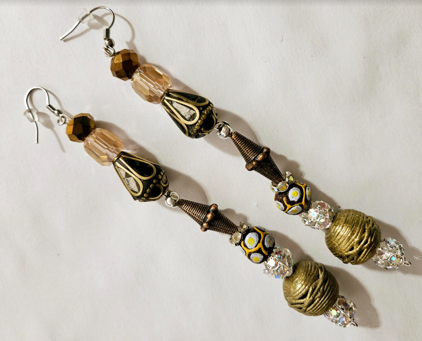 African Tibetan Tribal Inspired Shoulder Dusters - Mixed Metal Crystal & Rhinestone Earthy Pierced Earrings - Kat Kouture Jewelry - Runway Ready Ear Candy