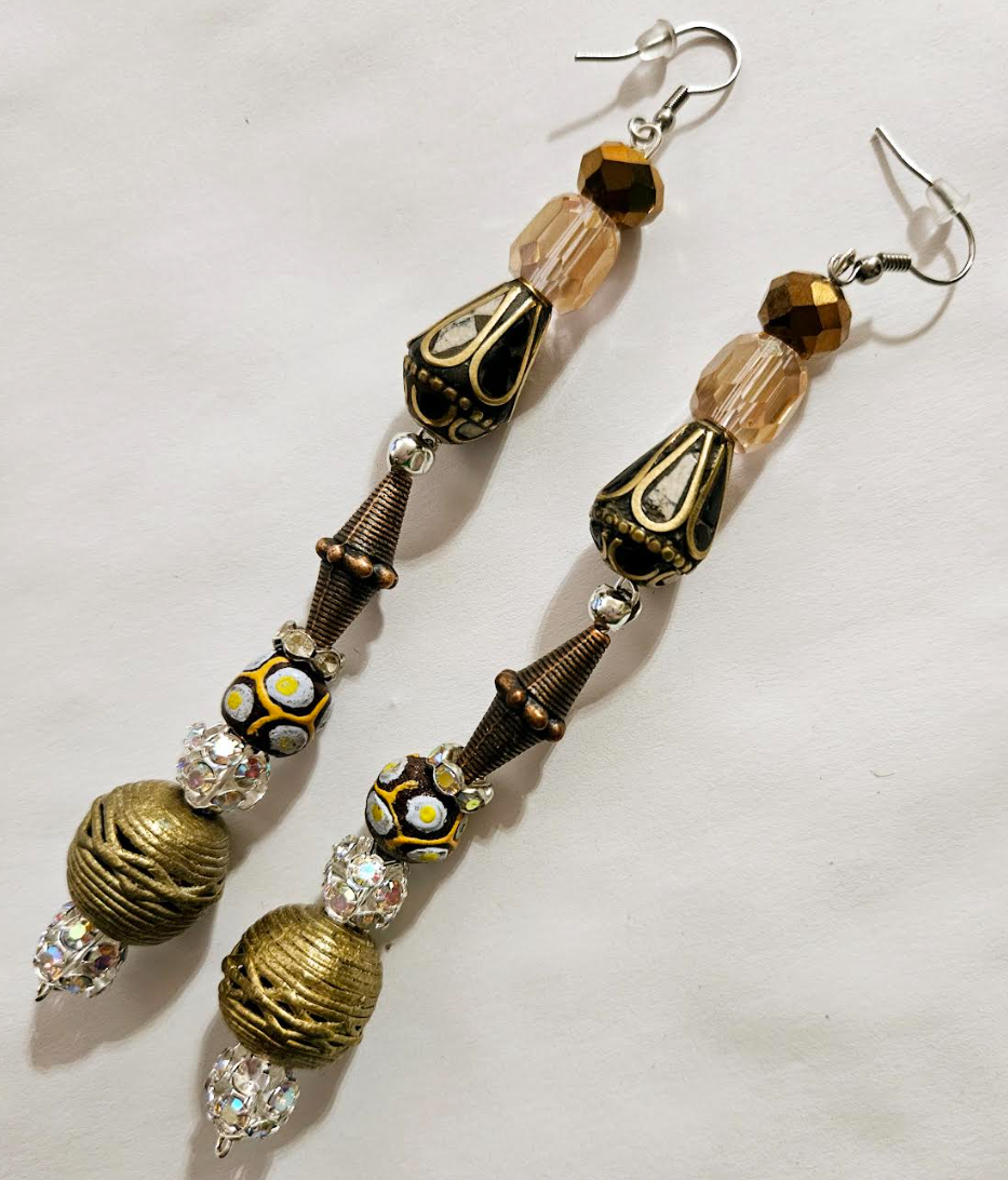 African Tibetan Tribal Inspired Shoulder Dusters - Mixed Metal Crystal & Rhinestone Earthy Pierced Earrings - Kat Kouture Jewelry - Runway Ready Ear Candy