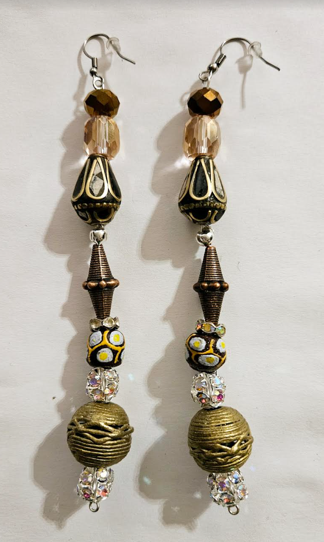 African Tibetan Tribal Inspired Shoulder Dusters - Mixed Metal Crystal & Rhinestone Earthy Pierced Earrings - Kat Kouture Jewelry - Runway Ready Ear Candy