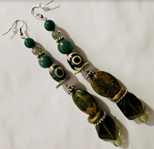 Exotic Green Gemstone Long Pierced Earrings - Jungle Fever Shoulder Duster Earrings - Olivine Beaded Long Ear Candy - Kat Kouture Jewelry