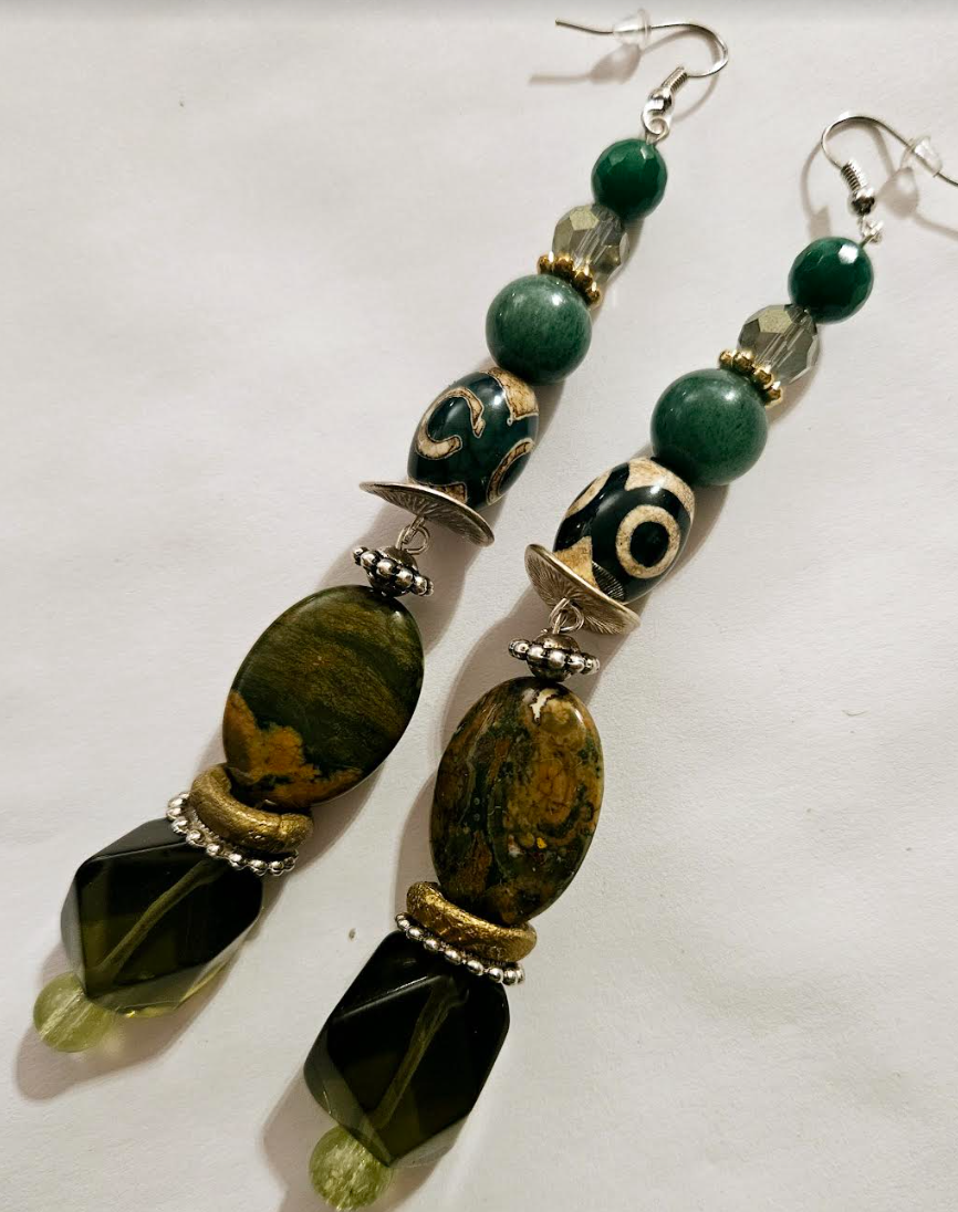 Exotic Green Gemstone Long Pierced Earrings - Jungle Fever Shoulder Duster Earrings - Olivine Beaded Long Ear Candy - Kat Kouture Jewelry