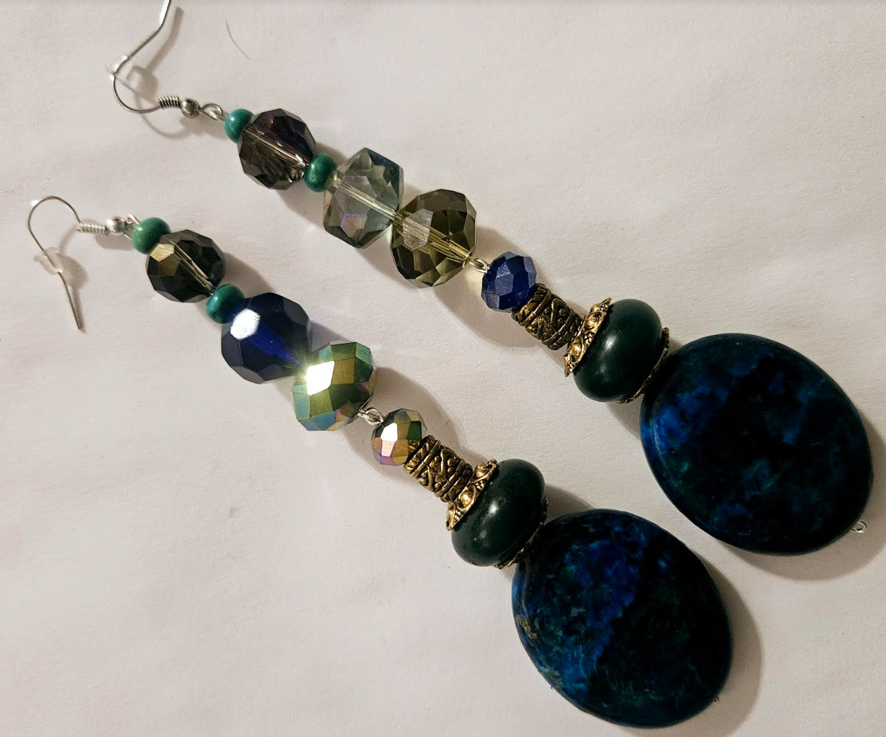 Heavy Chrysocolla & Faceted Crystal Shoulder Dusters - Blue Green Long Beaded Pierced Earrings - Kat Kouture Jewelry