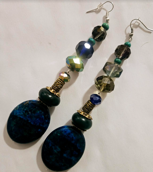 Heavy Chrysocolla & Faceted Crystal Shoulder Dusters - Blue Green Long Beaded Pierced Earrings - Kat Kouture Jewelry