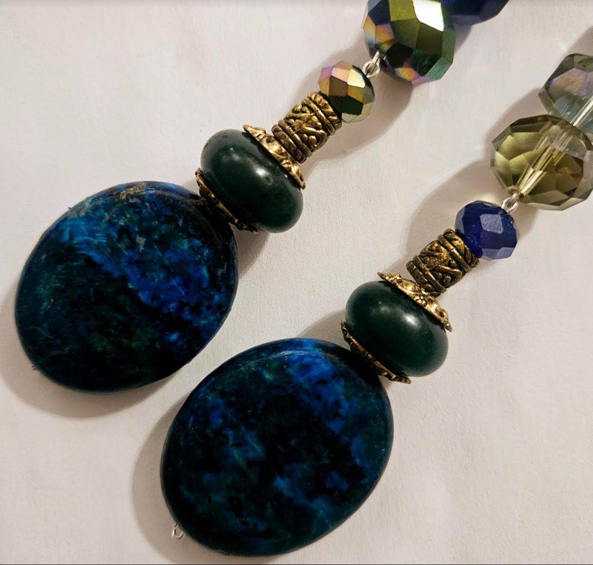 Heavy Chrysocolla & Faceted Crystal Shoulder Dusters - Blue Green Long Beaded Pierced Earrings - Kat Kouture Jewelry