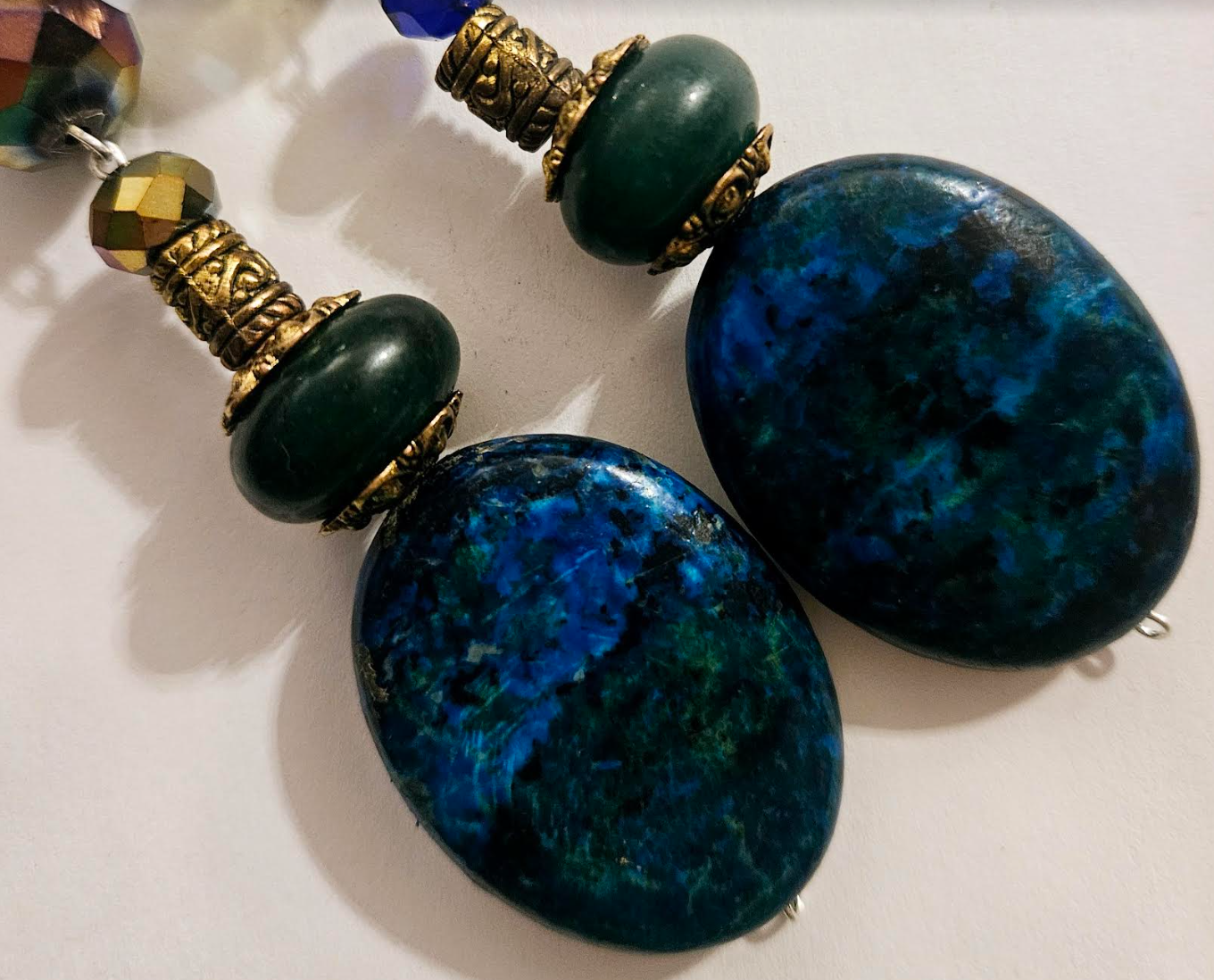 Heavy Chrysocolla & Faceted Crystal Shoulder Dusters - Blue Green Long Beaded Pierced Earrings - Kat Kouture Jewelry