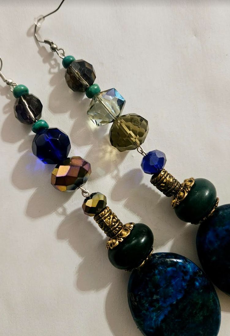 Heavy Chrysocolla & Faceted Crystal Shoulder Dusters - Blue Green Long Beaded Pierced Earrings - Kat Kouture Jewelry