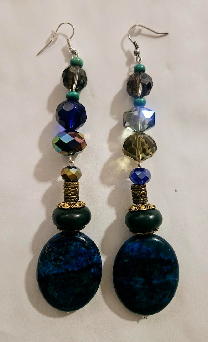 Heavy Chrysocolla & Faceted Crystal Shoulder Dusters - Blue Green Long Beaded Pierced Earrings - Kat Kouture Jewelry