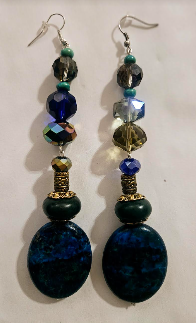 Heavy Chrysocolla & Faceted Crystal Shoulder Dusters - Blue Green Long Beaded Pierced Earrings - Kat Kouture Jewelry