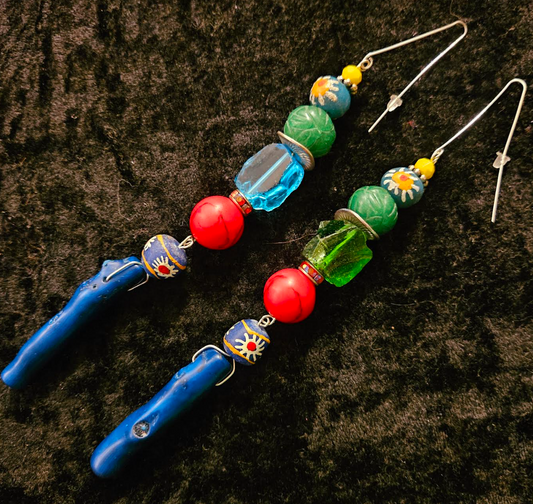 Colorful Mixed Media Shoulder Dusters - Blue Branch Coral Extra Long Summer Pierced Earrings - Kat Kouture Jewelry