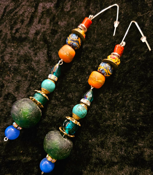 Green African Recycled Glass & Mixed Media Long Pierced Earrings - African Inspired Colorful Shoulder Dusters - Kat Kouture Jewelry - Beaded Ear Candy