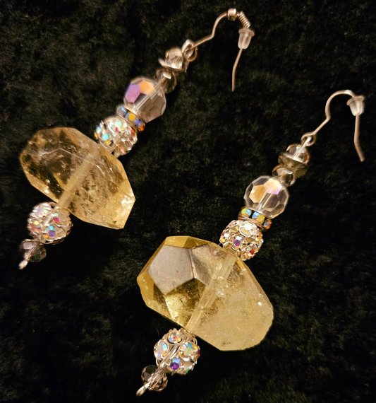 Lemon Quartz & Rhinestone Ball Pierced Earrings - Formal Venue Ear Candy - Kat Kouture Jewelry