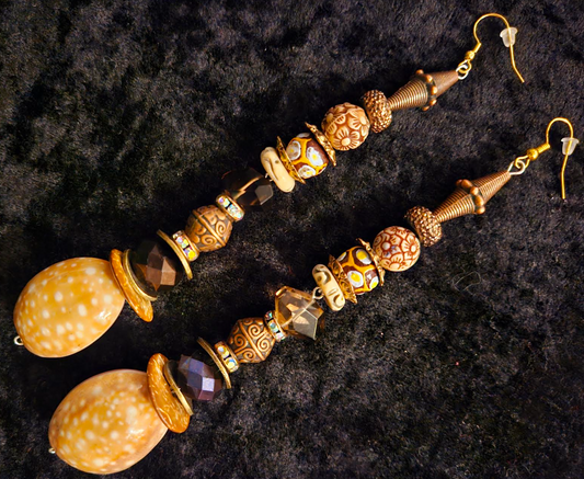 Earth Tone Shell & Gemstone Beaded Shoulder Dusters - Extra Long Earthy Boho Pierced Earrings - Haute Couture Ear Candy - Kat Kouture Jewelry