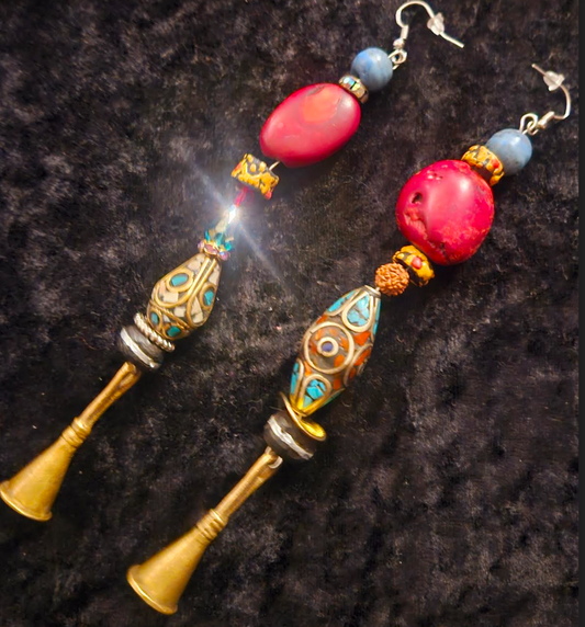 Tibetan & African Mixed Media Tribal Shoulder Dusters - Colorful Ethnic Long Boho Pierced Earrings - Red Coral Ear Candy - Kat Kouture Jewelry