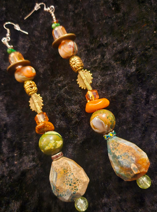 Exotic Earth Tone Jungle Inspired Shoulder Dusters - Olivine Brown Gold & Orange Long Pierced Beaded Earrings - Ear Candy for Women of Color - Kat Kouture Jewelry