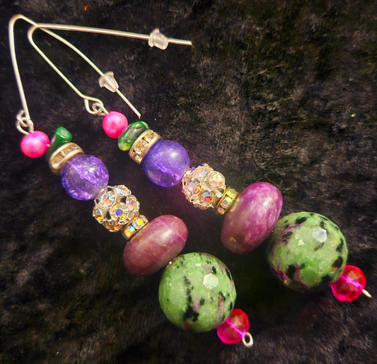 Ruby Zoisite Agate & Pink Pearl Dangle Pierced Earrings - Green Purple Pink and Silver Drop Ear Candy - Kat Kouture Jewelry