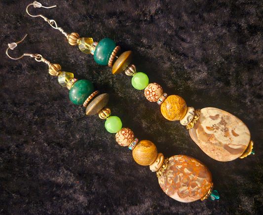 Green & Brown Mixed Media Gemstone Shoulder Dusters - Earthy Beaded XL Pierced Earrings - Bohemian Ear Candy - Kat Kouture Jewelry