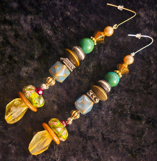 Earthy Green Brown & Yellow Mixed Media Long Pierced Earrings - Beaded Shoulder Dusters - Kat Kouture Jewelry