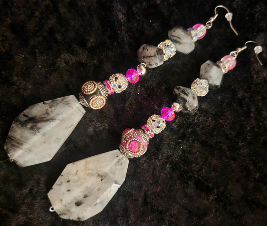 Dramatic Rutiliated Quartz Shoulder Duster Earrings - Black White Silver & Pink XL Pierced Earrings - Kat Kouture Jewelry