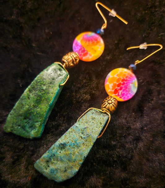 Green Agate Dangle Pierced Earrings - Bold & Colorful Gemstone Ear Candy - Kat Kouture Jewelry