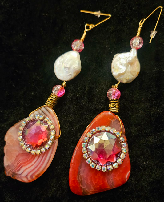 Pinky Orange Agate Crystal & Freshwater Pearl Shoulder Dusters - Runway Ready Ear Candy - Kat Kouture Jewelry