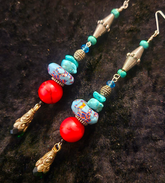 Red Blue Green & Silver Delicately Beaded Shoulder Dusters - Extra Long Casual Pierced Earrings - Magnesite Glass and Gemstone Ear Candy - Kat Kouture Jewelry