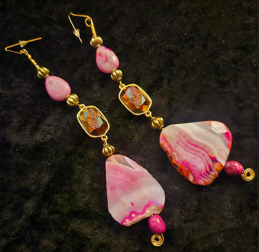 Pink Agate & Purple Druzy Crystal Shoulder Dusters - Bridal Wedding Fashion - Long Hot Pink Pierced Earrings - Kat Kouture