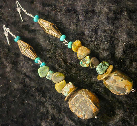 Hubei Turquoise Nugget Dangle Earrings - Earth Tone Cowgirl Style Pierced Earrings - Southwestern Style Ear Candy - Kat Kouture Jewelry