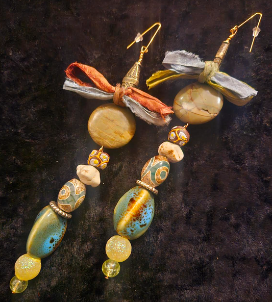 Mixed Beaded & Sari Silk Ribbon Bow Long Pierced Earrings - Earthy Haute Couture Shoulder Dusters - Kat Kouture Jewelry