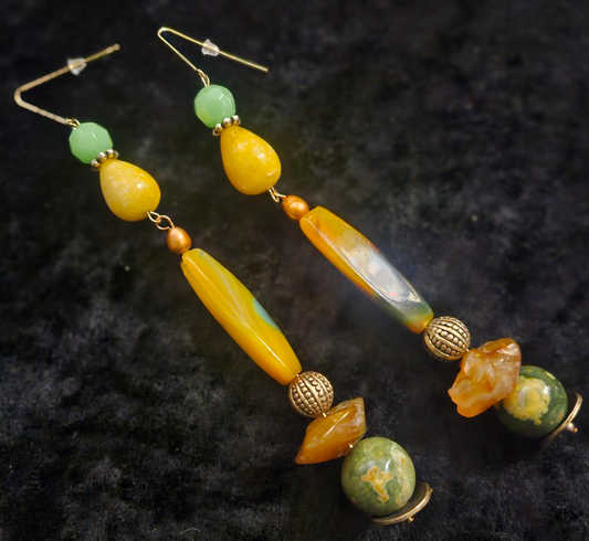 Green Yellow & Orange Gemstone Long Dangle Pierced Earrings - Agate Jasper and Carnelian Shoulder Duster Ear Candy - Earrings for Women of Color - Kat Kouture Jewelry