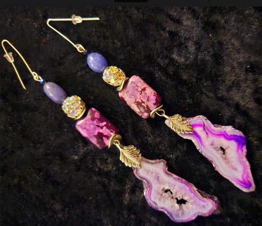 Purple Druzy Agate & Rhinestone Fancy Shoulder Dusters - Purple Silver and Pink Extra Long Pierced Earrings - Gemstone Wedding Bridal Ear Candy - Kat Kouture Jewelry