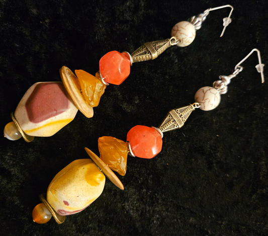 Exotic Mookaite Jasper Warm Tone Beaded Long Pierced Earrings - Autumn Wardrobe Shoulder Dusters - Kat Kouture Jewelry