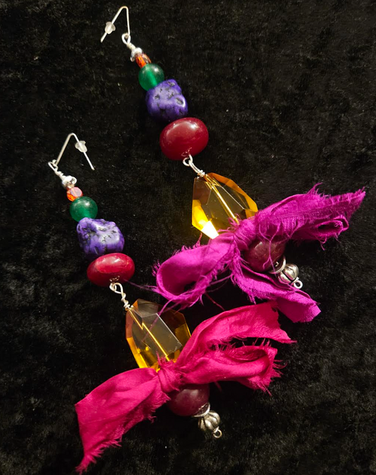 Bold Colorful Beaded Long Drop Pierced Earrings with Sari Silk Bow - Avant Garde Shoulder Dusters - OOAK Wearable Art Ear Candy - Kat Kouture Jewelry