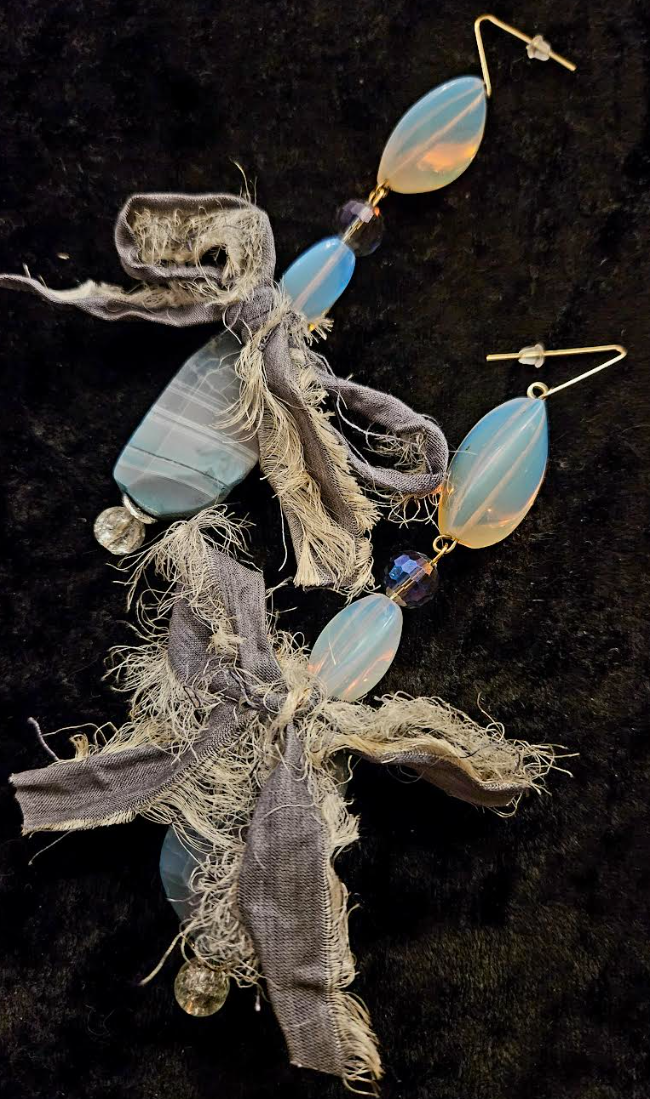 Agate Moonstone & Distressed Sari Silk Bow Pierced Earrings - Avant Garde Gemstone and Textile Drop Ear Candy - Exotic Opalescent Dangle Earrings -  Kat Kouture